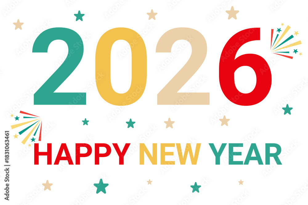 Fototapeta premium Festive 2026 Happy New Year Design – Colorful Celebration Graphic with Stars & Fireworks