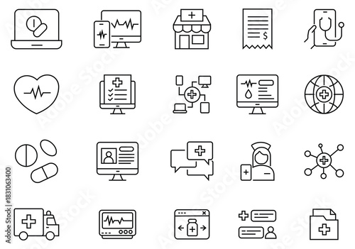 Collection of healthcare icon set. Containing treatment, medical, health,  illness, injury, diagnosis, report and more. Outline icon in linear style. Vector illustration.