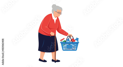 Elderly woman using a walking cane while carrying a full grocery shopping basket through a store.