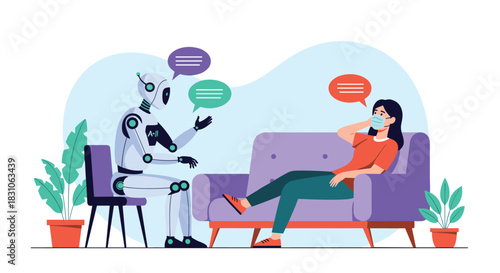 Robot therapist provides artificial intelligence counseling to a woman wearing a face mask lying on a couch during a therapy session.
