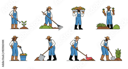 Collection of diverse farmers engaged in various agricultural activities like planting raking harvesting and digging.