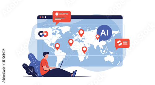 Man working on a laptop with a world map featuring location pins and artificial intelligence concepts for global data analysis.