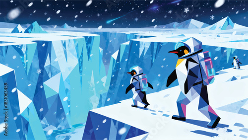 Illustration Of Penguin Astronauts Exploring An Alien Ice Planet Vector Design Template