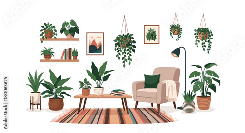 Cozy room interior with an armchair coffee table and many potted and hanging green plants creating a fresh atmosphere.