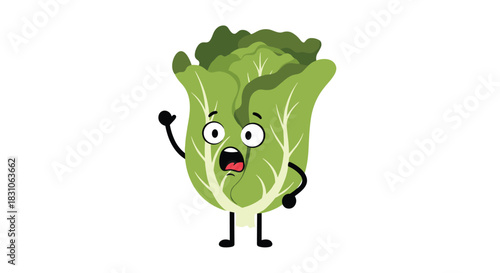 Humorous cartoon character of a shocked and wide-eyed cabbage with an open mouth and one hand raised in surprise.
