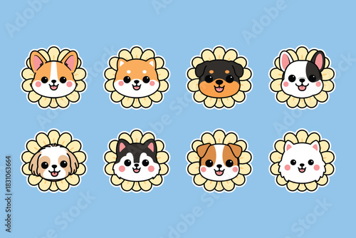 Cute dog faces in sunflower costumes cartoon collection, vector illustration