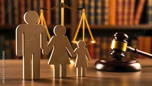 Family Law: Wooden Family, Scales of Justice, and Gavel