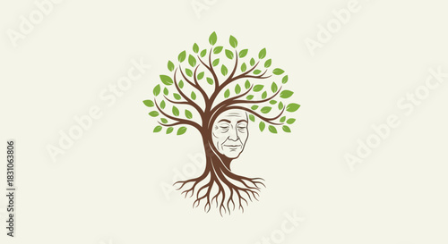 Ancient Wisdom Tree with Serene Elderly Face and Lush Green Leaves Representing Nature's Cycle