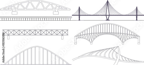 Bridge engineering sketches collection, structural design drawings, arch bridge, truss bridge, suspension bridge, cable-stayed bridge, infrastructure blueprint set, vector outline illustration