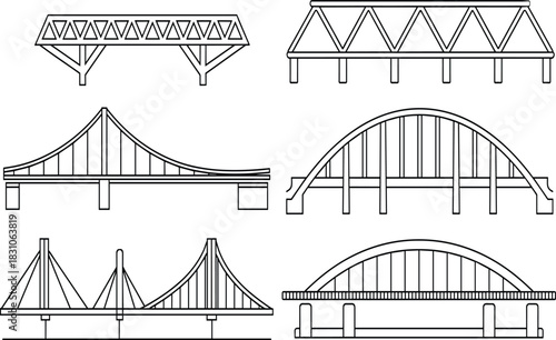 Bridge engineering outline set, truss, arch, suspension, cable-stayed bridges blueprint sketches, structural infrastructure vector illustration collection, civil engineering design drawings