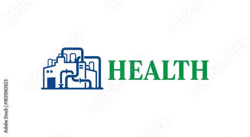Modern Health System Logo Combining Intricate Industrial Structure with Vital Green Text on White