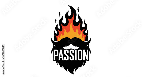 Fiery Beard and Mustache Logo with Passion Text Vector Illustration Dynamic Design