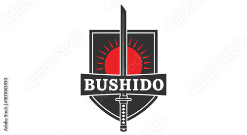 Powerful Bushido Samurai Katana Emblem with Rising Sun Graphic Design
