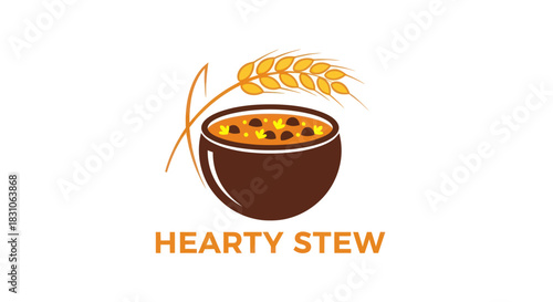 Delicious hearty stew bowl with golden wheat grains logo design for nutritious meals