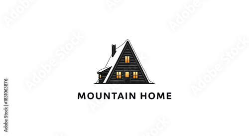 Cozy A-frame cabin logo with snow on roof and warm lights, perfect for mountain home branding