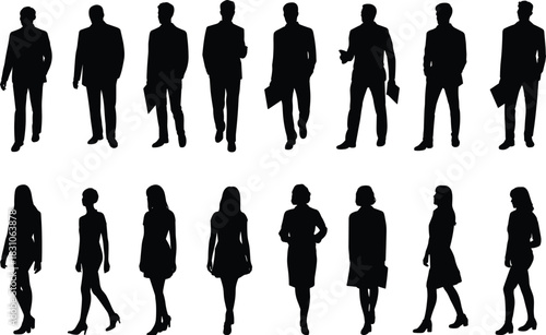 Business, people, silhouettes, men, women, workers, professionals, formal, fashion, standing, walking, profiles, crowd, team, vector, outline, outlines, minimal, collection, set