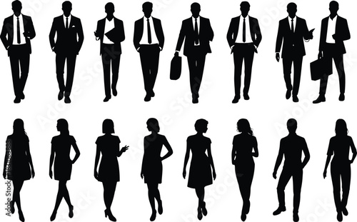 Business, people, silhouettes, men, women, corporate team, professional workers, standing poses, suit, suits, tie, ties, formal fashion, leadership, vector, outline, outlines, minimal, collection, set