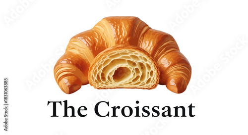Golden baked French croissant sliced open to reveal its delicious flaky honeycomb texture isolated