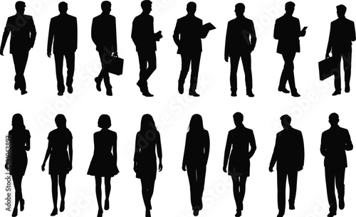 Business, silhouettes, people, men, women, workers, standing, walking, poses, suits, formal wear, office, teamwork, leadership, corporate, vector, outline, outlines, collection, set