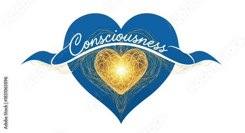 Consciousness Energy Heart Symbol with Golden Glow on Blue Background