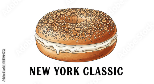 Delicious New York Classic Everything Bagel with Cream Cheese Illustration on White Background