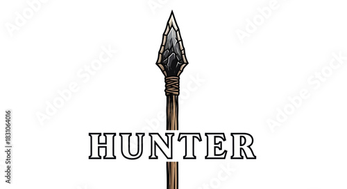 Stylized Hunter Spear with Flint Arrowhead and Wood Shaft on Clean White Background Graphic