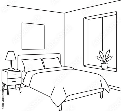 Bedroom drawing of double bed in bedroom. Modern interior and heim furniture in simple Linear style. Doodle outline vector illustration