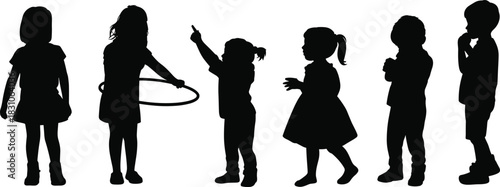 Children silhouette poses, black vector kids, standing, thinking, dancing, pointing, hula hoop, gesture icons, posture study, body language