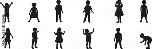 Children silhouette poses, black vector kids, standing, bending, raising arms, gesture icons, child development, posture study, body language