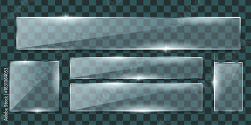Realistic Glass Banner Frames Set, Transparent Shiny Panel Buttons Vector