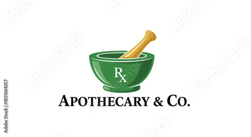 Classic green mortar pestle with Rx symbol for pharmacy or apothecary branding logo design