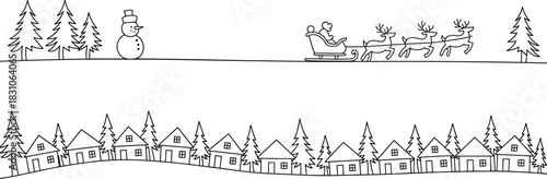 Christmas village scene, Santa sleigh silhouette, snowman and pine trees, winter holiday illustration, festive graphic, reindeer flying vector