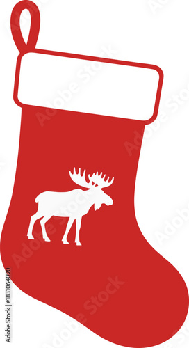 Christmas, stocking, sock, red, deer, moose, reindeer, elk, holiday, winter, xmas, gift, decoration, hanging, object, vector, silhouette, cozy, festive, seasonal