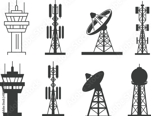 Communication tower vector silhouettes, antenna masts, radio signal, satellite dish, telecom infrastructure icons, broadcast network, connectivity symbol pack, industrial outline collection
