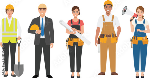Construction professionals team in safety helmets holding tools, engineer, architect, builders, business and industrial workers isolated on white background, diverse workforce.