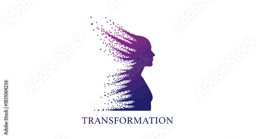 Abstract female silhouette dissolving into particles representing concepts of transformation and