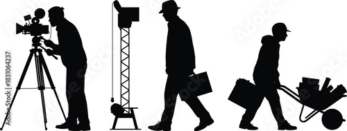 Construction work and media production silhouettes, videographer, lighting rig, engineer, contractors carrying gear, wheelbarrow worker, tools and equipment shadows, isolated white