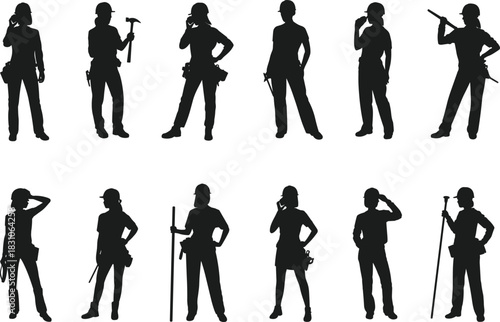 Construction worker silhouettes collection holding hammer, shovel, saw, level tool, blueprint and equipment, builders industrial service icons isolated on white background, vector pack