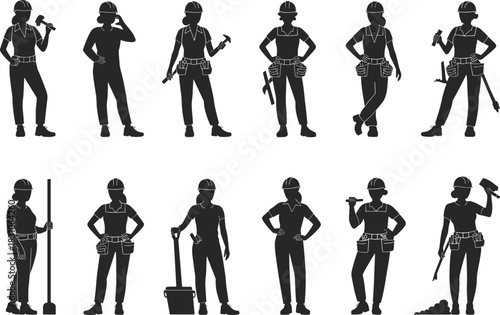 Construction worker silhouette icons, builders holding hammer, shovel, saw and work tools, tool belt gear shadows collection, industrial labor workforce vector set isolated white, SEO.