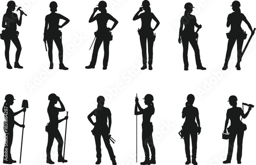 Construction workers silhouettes set holding tools, hammer, shovel, saw, drill, megaphone, tool belt, hard hat, diverse professionals shadow icons, isolated white, industry vector concept.