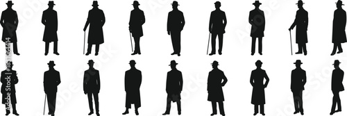 Detective noir silhouette vector set, vintage trench coat, fedora hat, spy agent outline, male mystery characters, crime scene style graphic pack