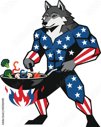 Patriotic Wolf Chef Cooking a Healthy Stir Fry with American Flag Clothing