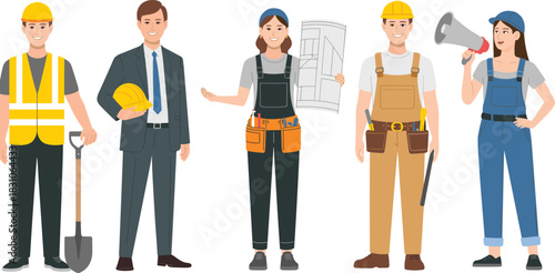 Diverse construction professionals team in safety helmets and tool belts holding shovel, hard hat, blueprint rolls, saw, wrench, and megaphone, isolated white background, industry teamwork concept.