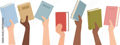 Diverse hands holding books vector set, education concept, multicultural readers, learning symbol, library design, academic study illustration, knowledge diversity artwork, student reading collection