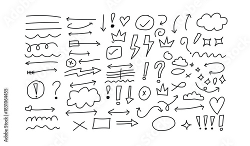 Assorted Hand Drawn Doodle Icons and Symbols Keywords: doodle, hand drawn, arrow, exclamation