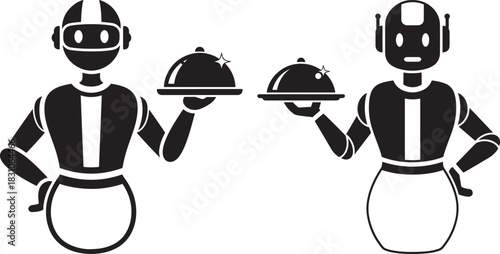 Two robots serving food silhouette