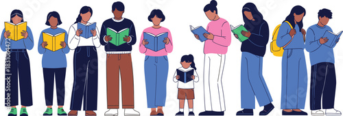 Diverse students reading books group, education illustration, library study concept, multicultural learners, children reading, academic research artwork, youth learning vector art