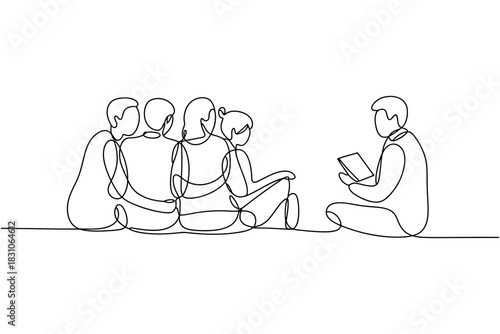 Continuous line drawing of a teacher or storyteller reading a book to a group of seated children, representing education and imagination. 141 chars