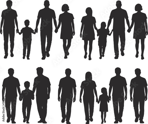 Family, silhouettes, parents, children, kids, adults, holding, hands, walking, group, people, vector, outlines, multi-generation, unity, love, bonding, support, community, collection