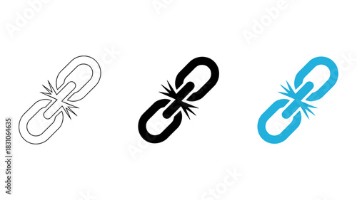Broken chain link icon symbol isolated on white, representing connection failure, interruption, or a security breach, presented in outline, solid black, and blue versions.